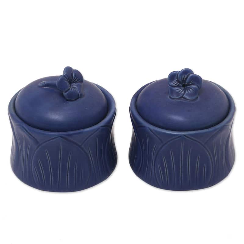 NOVICA Handmade Blue Frangipani Ceramic Condiment Jars, Set of 2 (Indonesia) - 3.1