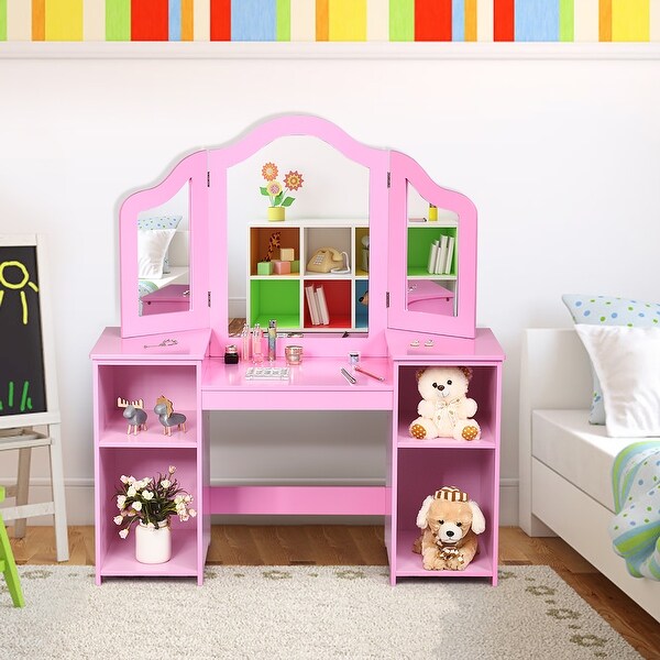 Small Vanity Table Black Pink Kids Wooden Trifold Toddler Children Furniture NEW 