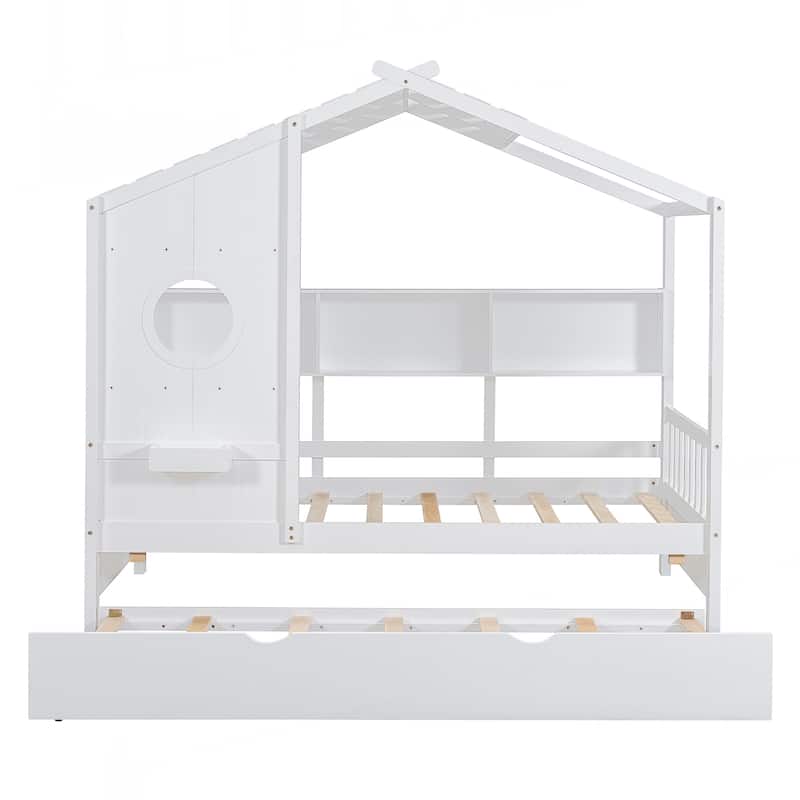 Wooden Twin Size House Bed With Trundle, Modern Design for Kids with Storage Shlef