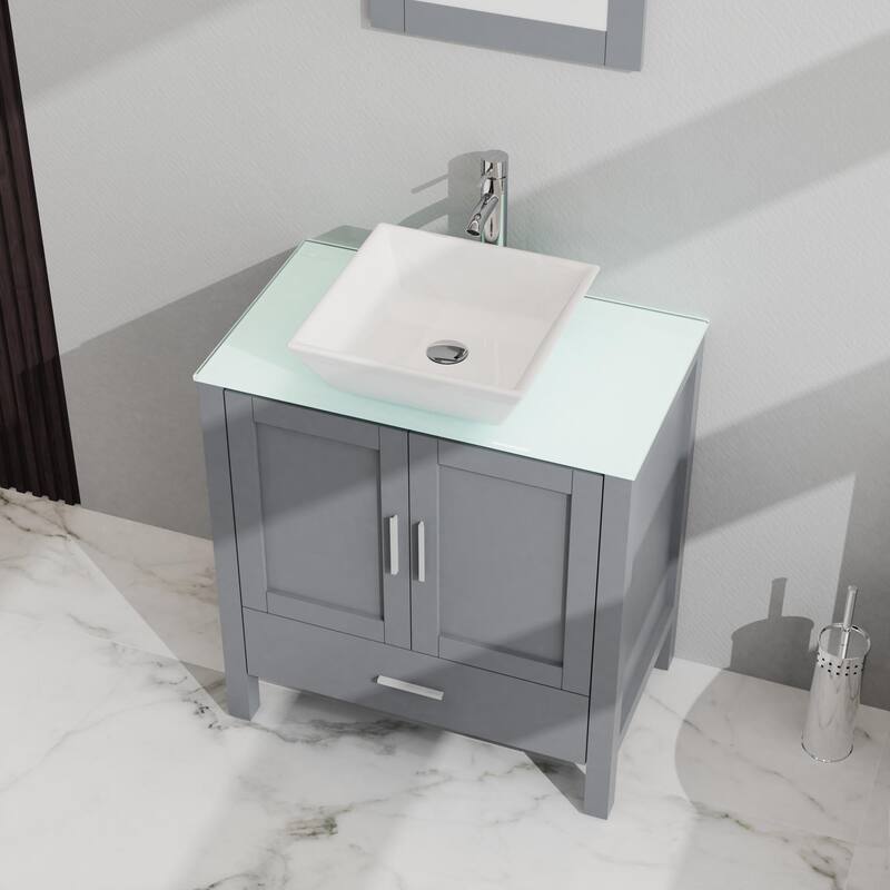 30" Bathroom Vanity Combo with Glass Top and Ceramic Sink, Soft-Close Cabinet and Drawer, Mirror Included