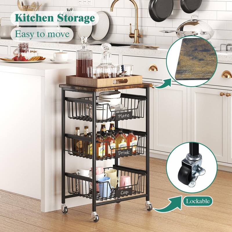 Kitchen Storage Cart with Wheels,4-Tier Metal Utility Rolling Cart Fruit Vegetable Storage Basket Pantry Rack