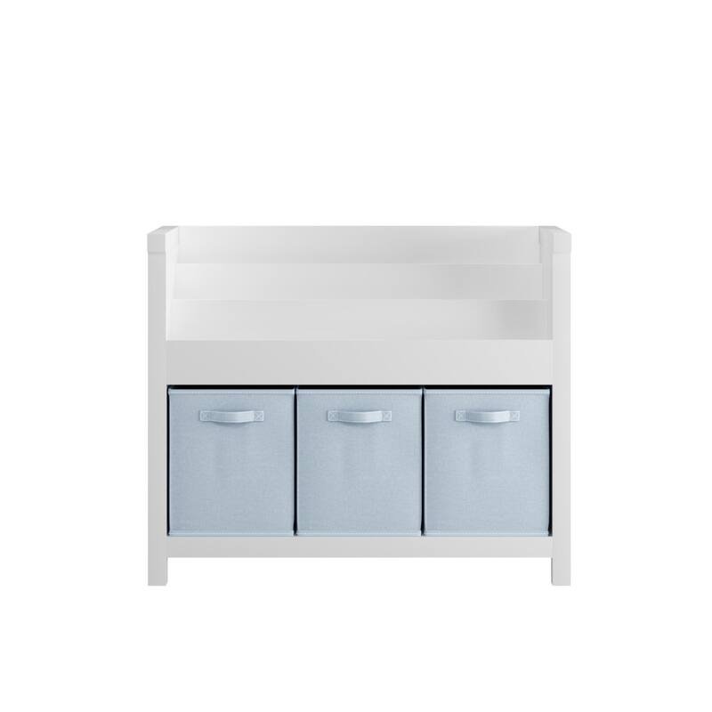 Kids Bookshelf with 3 Tier Front-Facing Storage and 3 Fabric Bins, Wooden Toddler Bookcase for Playroom, Nursery, Bedroom