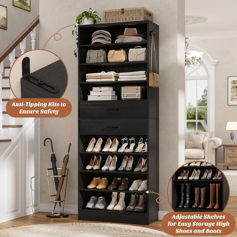 9-Tier Shoe Cabinet with 2 Drawers, Freestanding Closet Organizer with Adjustable Storage Shelves
