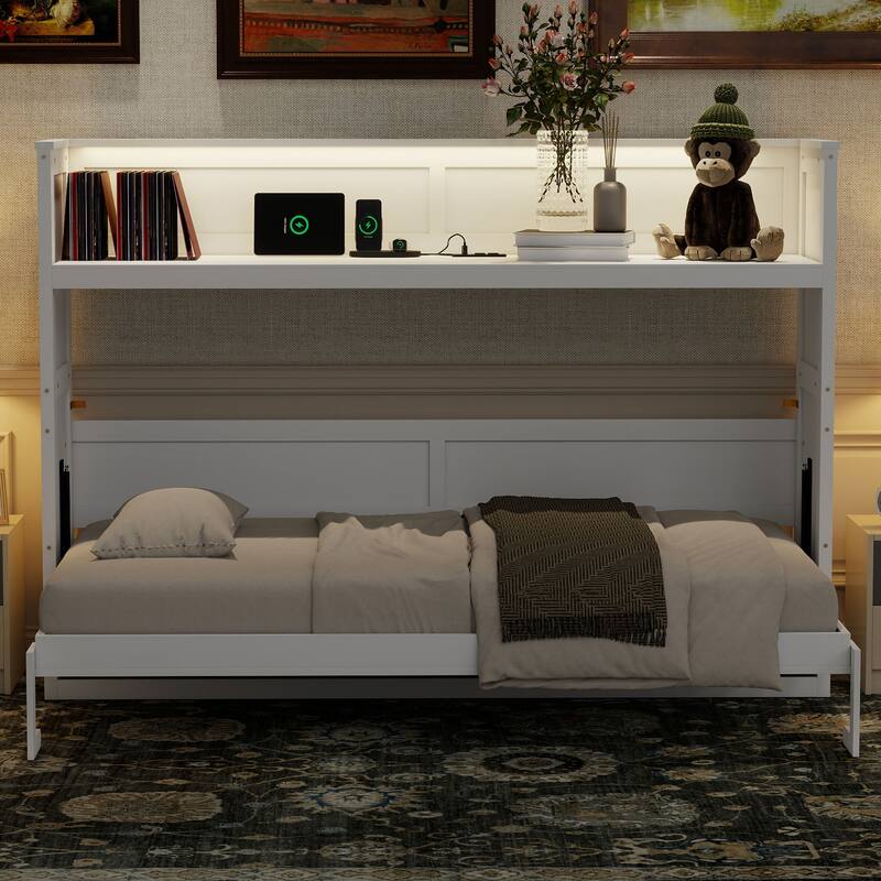 Twin XL Size Murphy Bed with Desk,LED Light and USB Charging Station