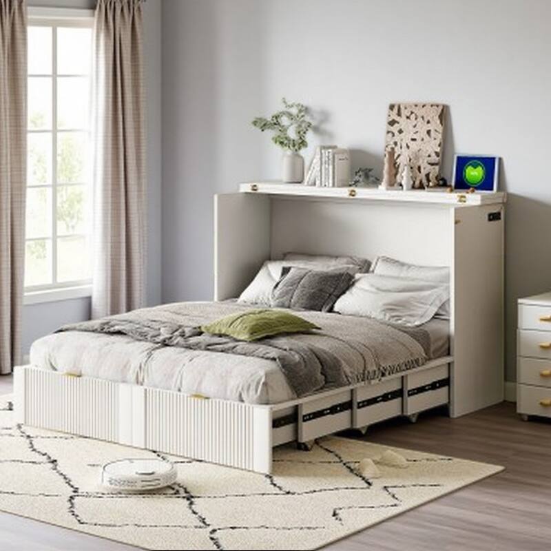 Space-Saving Queen Size Murphy Bed with Drawer, USB Ports, and Pulley Mechanism, Convertible Wall Bed with Flexible Slats - White - Full