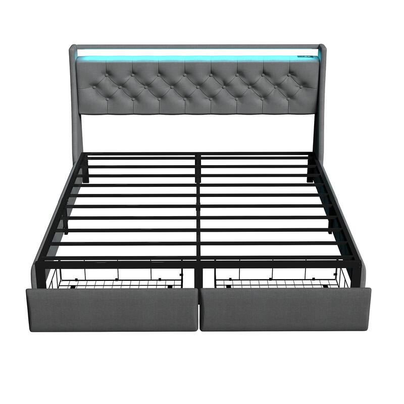 Full Size/Queen Size Bed Frame, Upholstered Platform Bed with RGB LED Light Storage Headboard & USB Charging Station