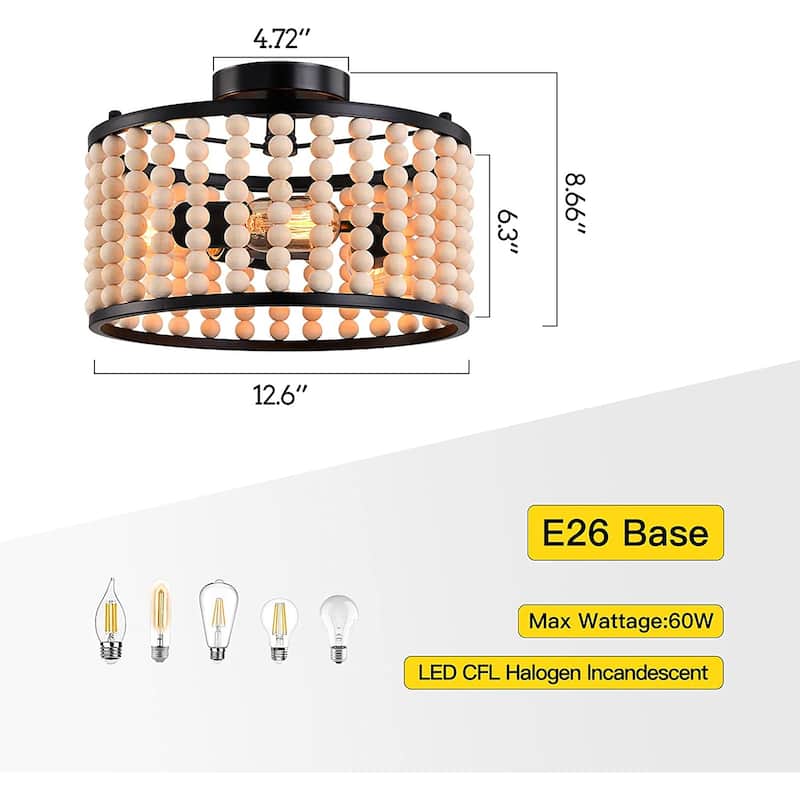 3 light wood beads ceiling light fixture farmhouse boho black ceiling lamp