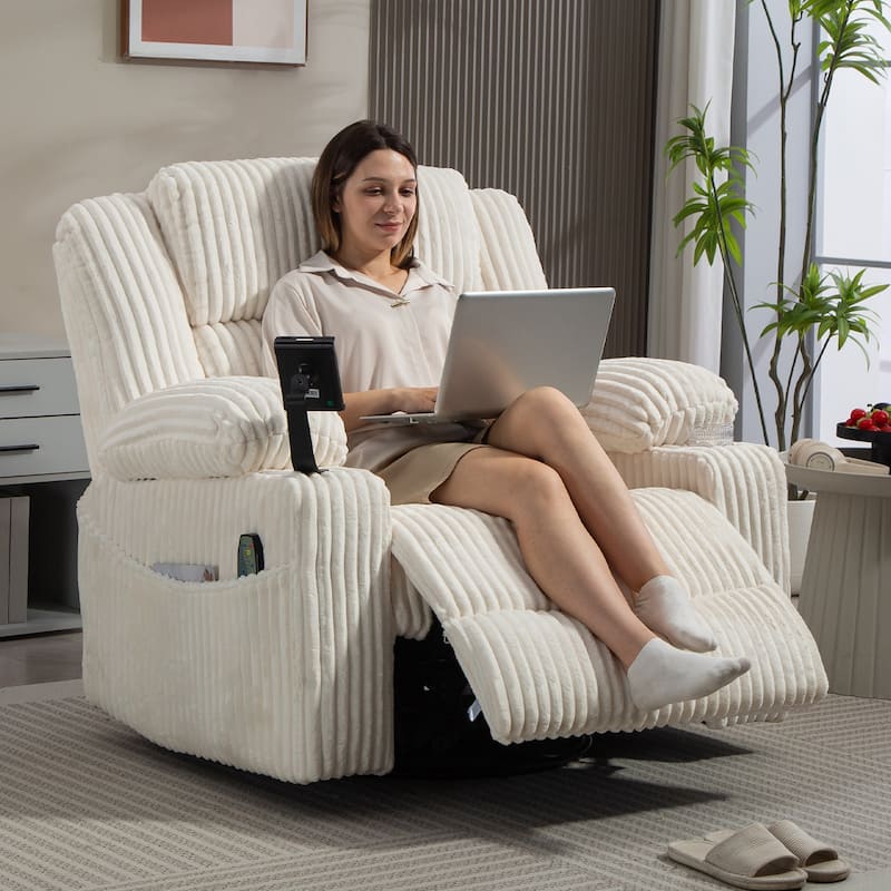 Oversized 270° Swivel Rocker Recliner Chair with Adjustable Headrest & Infinite Position - White