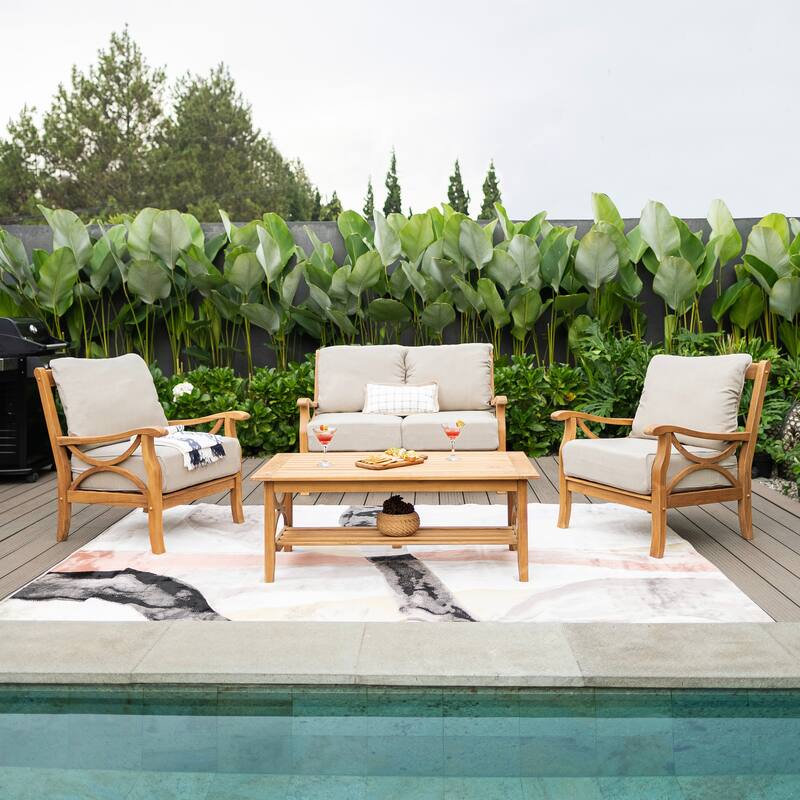 Cambridge Casual Lowell 4-piece Teak Outdoor Conversation Set - Natural Teak/Beige Cushion