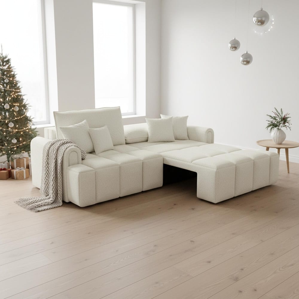 Homy Casa 90.2" 4-Seater Modern Teddy Fabric Convertible 3 in 1 Sofa Bed with Storage, King Size Sleeper Sofa