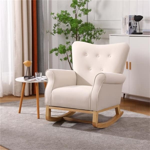 slide 2 of 17, Rocking Chair for Nursery, Upholstered High-Back Accent Arm Chair, Comfortable Rocker Fabric Padded Seat Beige