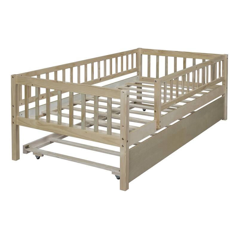 Twin Size Wooden Daybed with Trundle and Fence Guardrails, Space-Saving Design