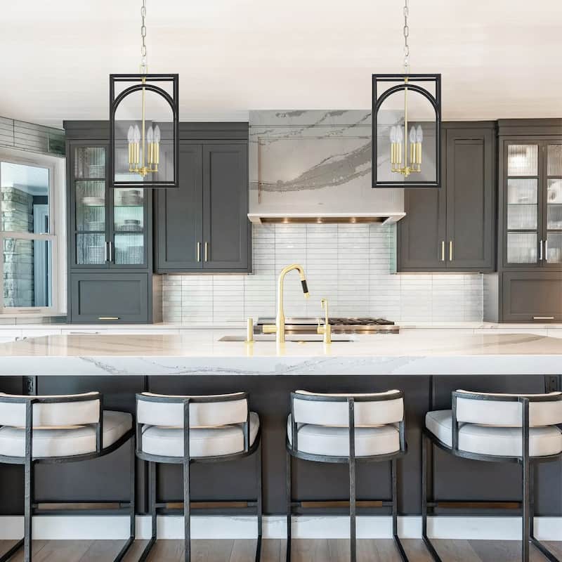 4-Light Mid-Century Modern Rectangular Lantern Pendant with Candlestick Clear Glass Shade - 48 in. W x 26.3 in. H - 48 in. W x 26.3 in. H - Black