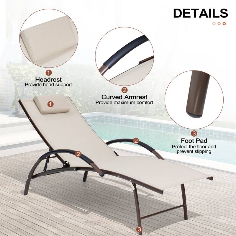 Crestlive Products Outdoor Adjustable Reclining Chaise Lounge Chair with Armrest