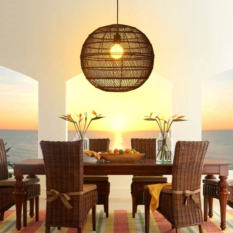 1-Light Globe Chandelier with Rattan Shade, No Bulbs Included