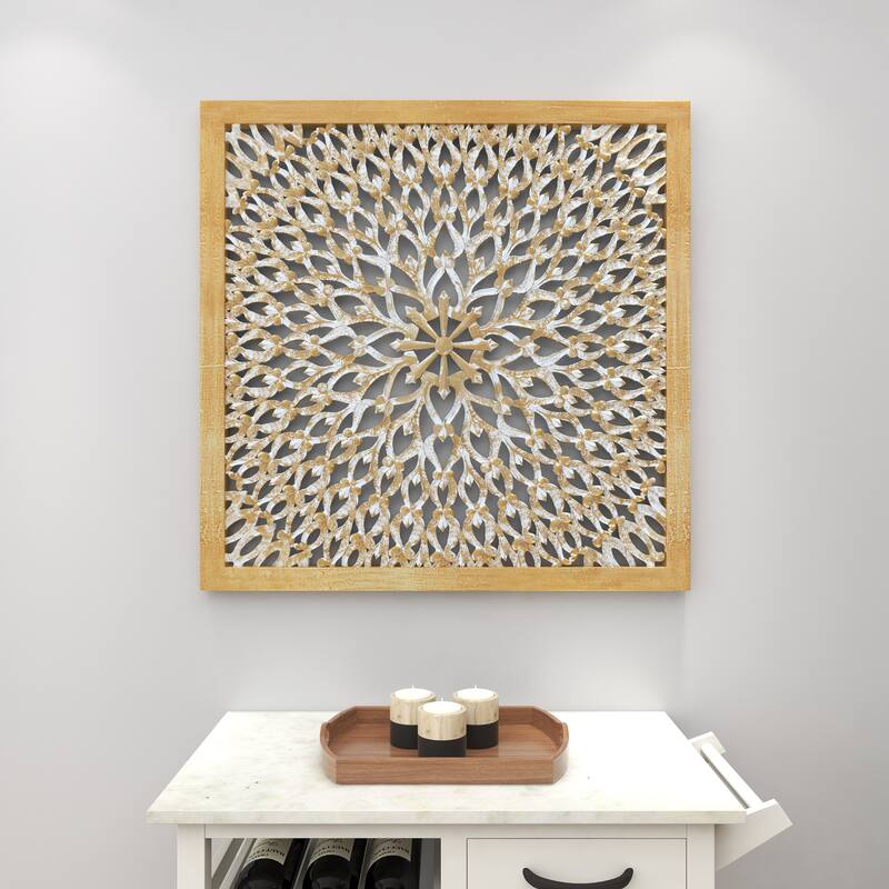 Light Brown Wood Handmade Intricately Carved Floral Home Wall Decor with Mandala Design