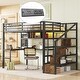 preview thumbnail 3 of 20, Full Size Loft Bed with LED Light & Charge Station, Metal Loft Bed with Desk and Staircase, Loft bed with Wardrobe for Kids