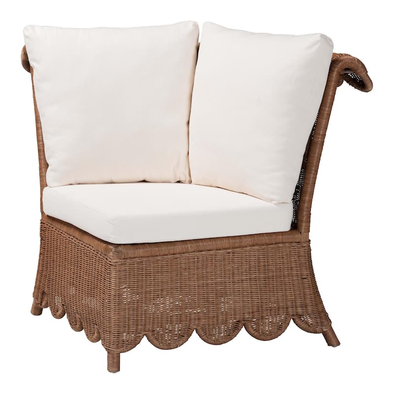 Detta Natural Rattan Sectional Set - Handwoven Wicker Corner Lounge Seating with Scalloped Skirt Base and Rolled Arms