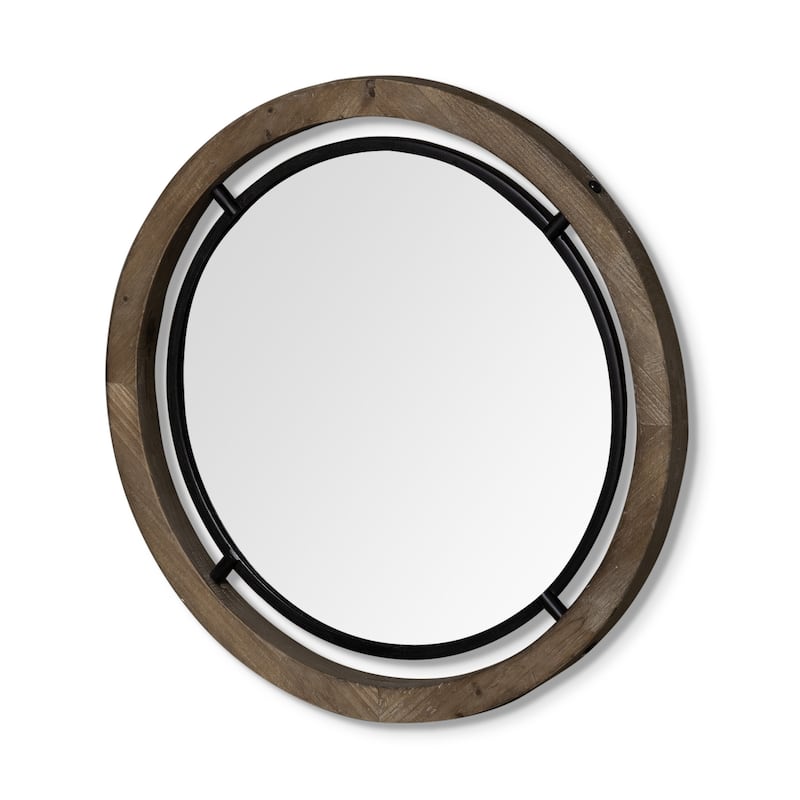 HomeRoots 28" Brown Round Wood Framed Accent Mirror - 28' X '28' X '1.25