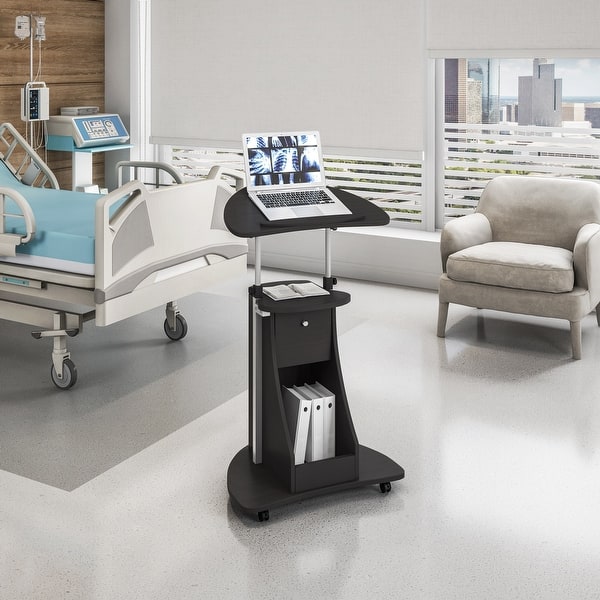 slide 2 of 19, Techni Mobili Adjustable Sit-to-Stand Rolling Laptop Cart with Tilt Top and Storage Black