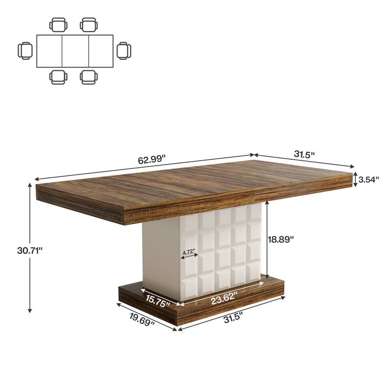 63'' Wooden Dining Dinner Table with Pedestal for 4-6, Farmhouse Kitchen Table