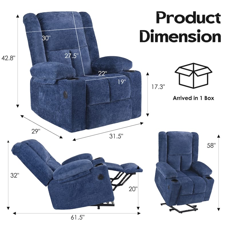 Power Lift Recliner Chair, Lounge Chaise Chair with Heat Functions, Massage Chair with USB Ports & Cup Holders