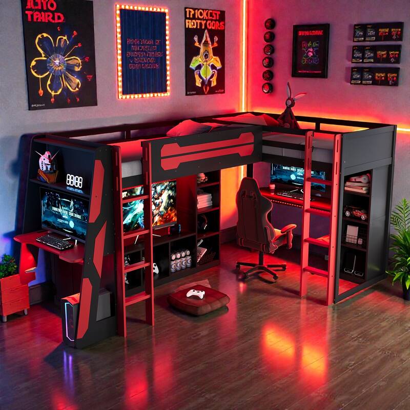 L-Shaped Twin Gaming Bed Frame with RGB LED Lights, USB Ports, TV Stand, Storage Shelves & Reversible Loft Design - Red - Twin