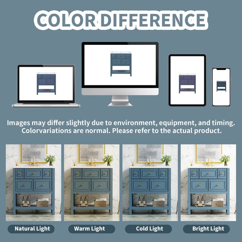 GDFStudio - Brookline Modern Freestanding Bathroom Vanity Set with Ceramic Sink and 5 Storage Drawers - 30'W