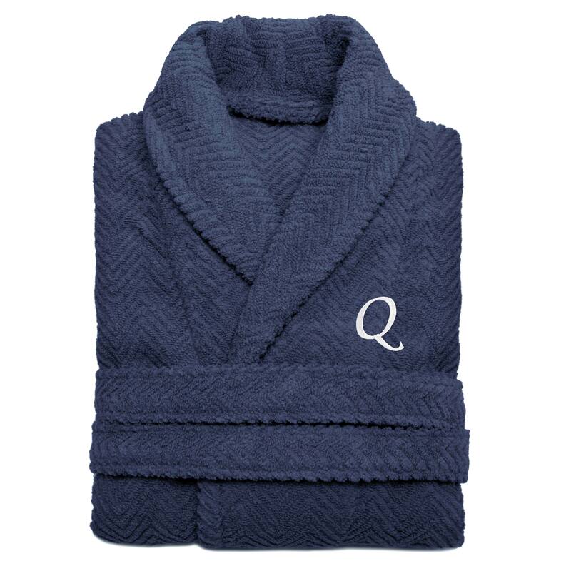 Authentic Hotel and Spa Midnight Blue with White Monogrammed Herringbone Weave Turkish Cotton Unisex Bath Robe - S/M - Q
