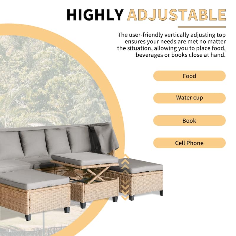 4 Piece UV-Proof Resin Wicker Patio Sofa Set with Retractable Canopy, Cushions & Lifting Table, Beige