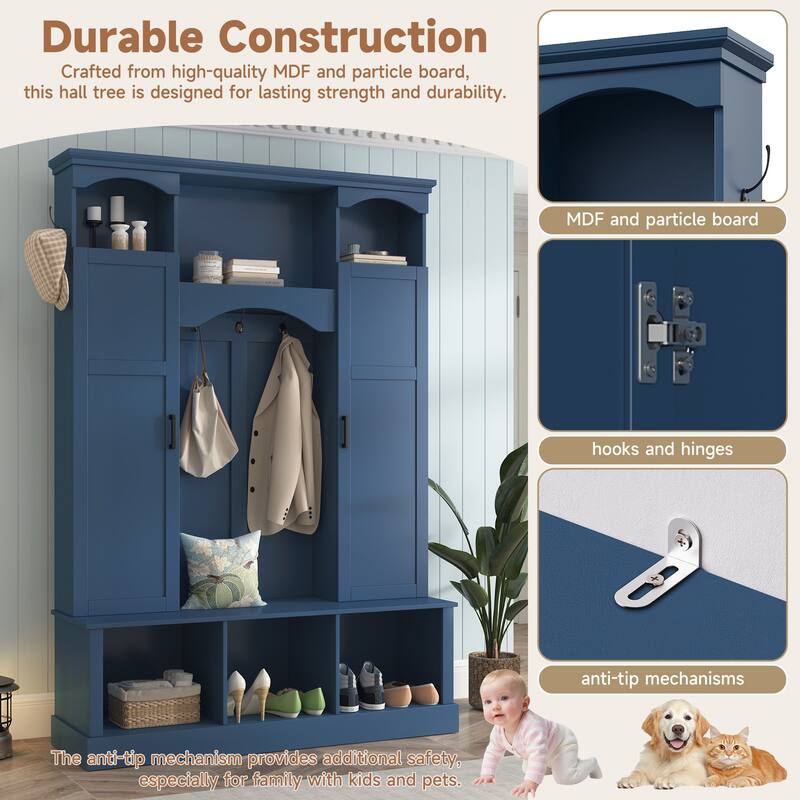 Modern Hall Tree with Adjustable Shelves Dual Cabinets Bench Entryway Organizer