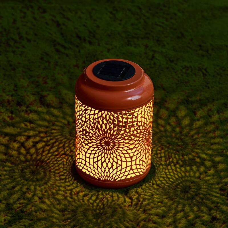 Glitzhome 8.75"H Outdoor Waterproof Metal Solar Hanging Lantern with Flower Leaves Decor