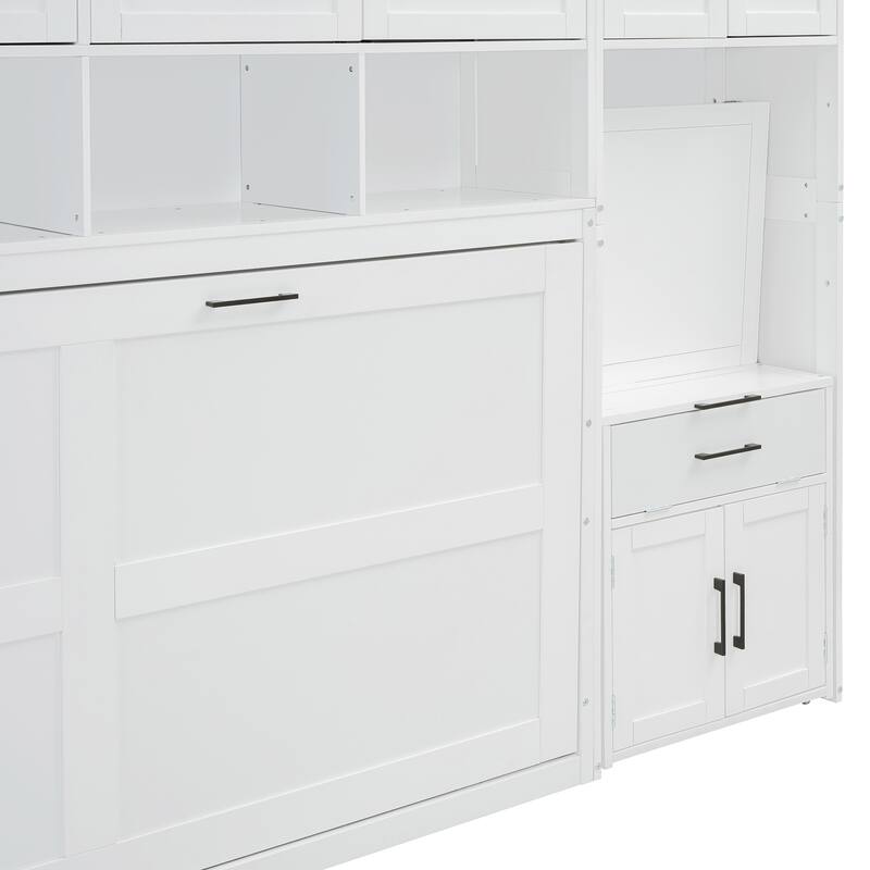 Space-Saving Twin Murphy Bed with Closet, Drawers & Desk in White/Gray