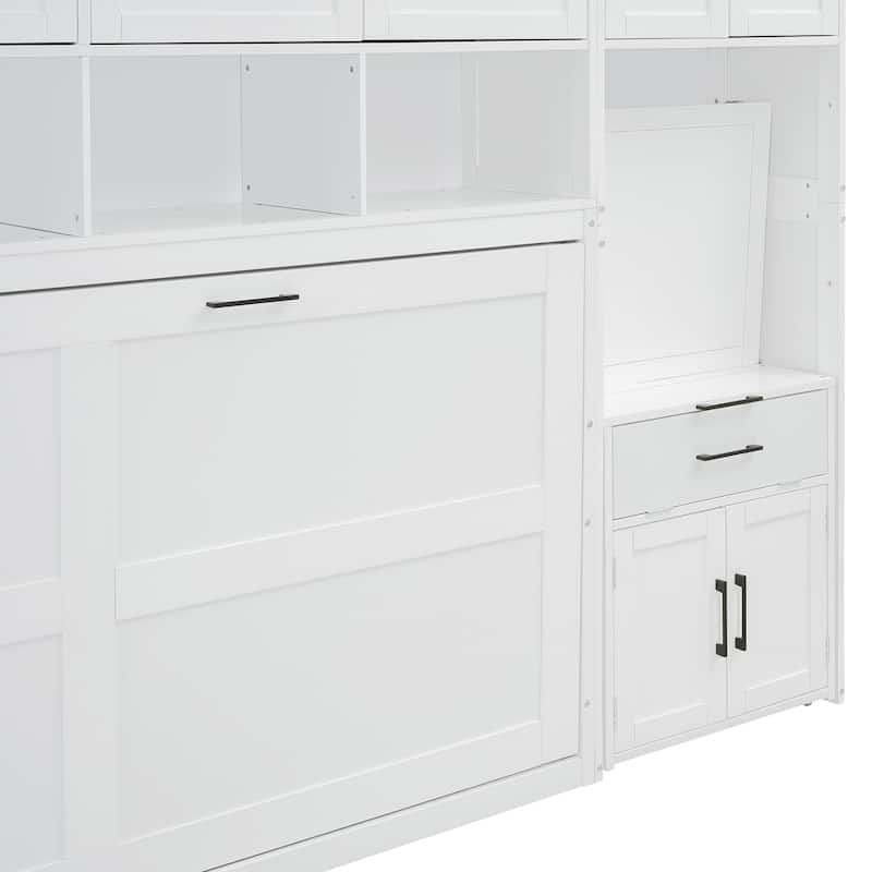 Twin Size Murphy Wall Bed with Closet, Drawers, and Desk, Space-Saving Storage Solution