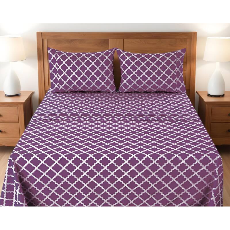 Four Piece Purple and White Quatrefoil Microfiber California King Sheet Set - Purple and White - California King