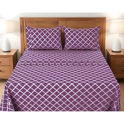 Four Piece Purple and White Quatrefoil Microfiber California King Sheet Set
