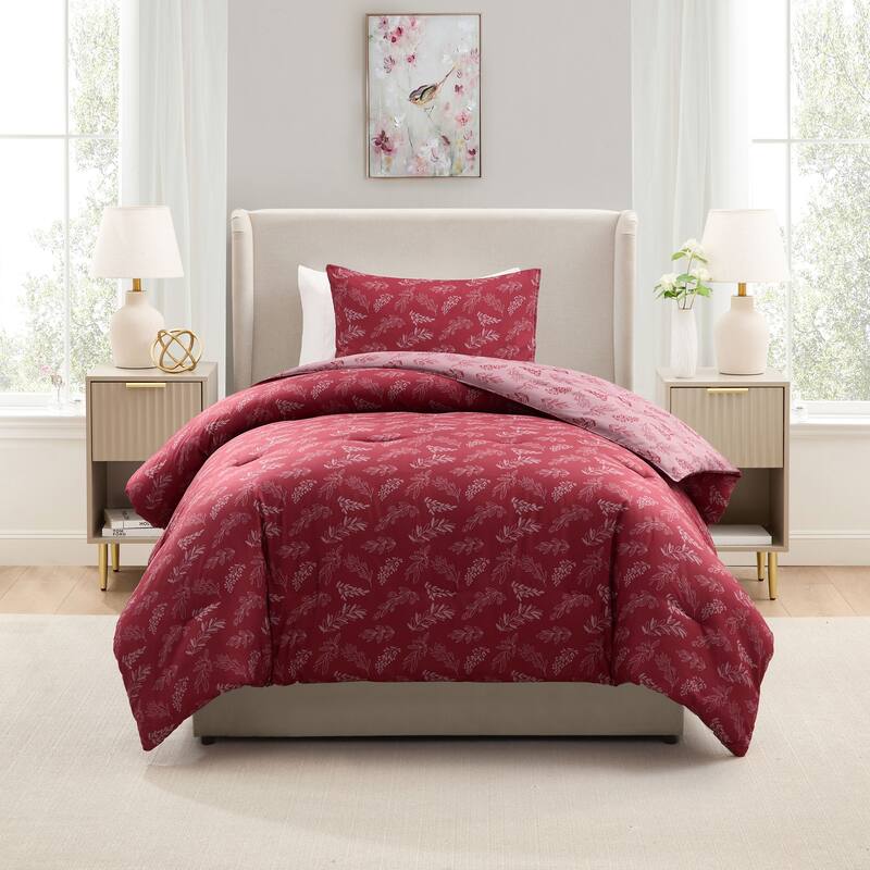 Empyrean 3PC Reversible Botanical Printed Comforter Bedding Set - Mulberry - Twin
