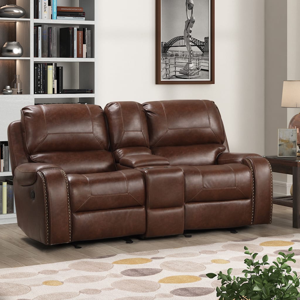 Brown Leather-Air Nailhead Manual Reclining Loveseat With Storage Console