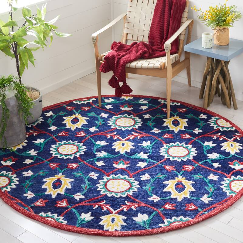 SAFAVIEH Handmade Blossom Rositza Floral Wool Rug - 6' Round - Navy/Red