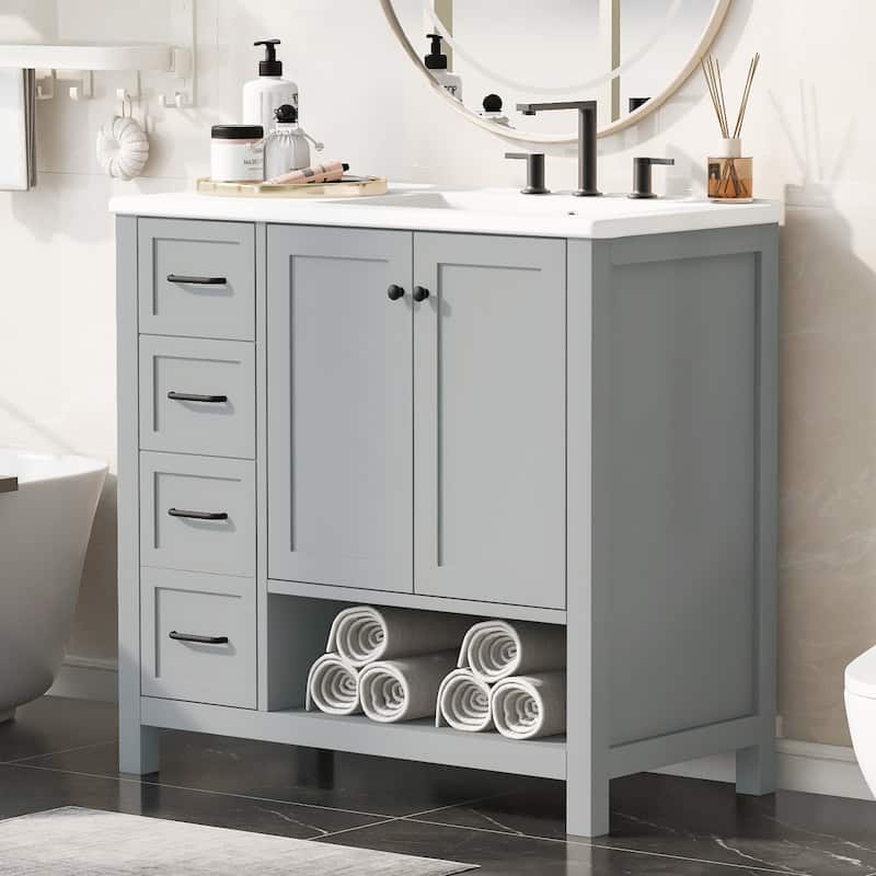 36" Bathroom Wood Storage Vanity Cabinet with Ceramic Sink, Open Shelf