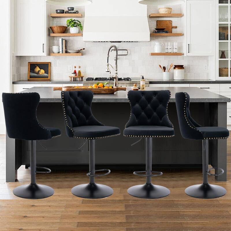 Velvet Upholstered Nailheads Tufted Swivel Bar Stools (Set of 4) - Black BlackBase
