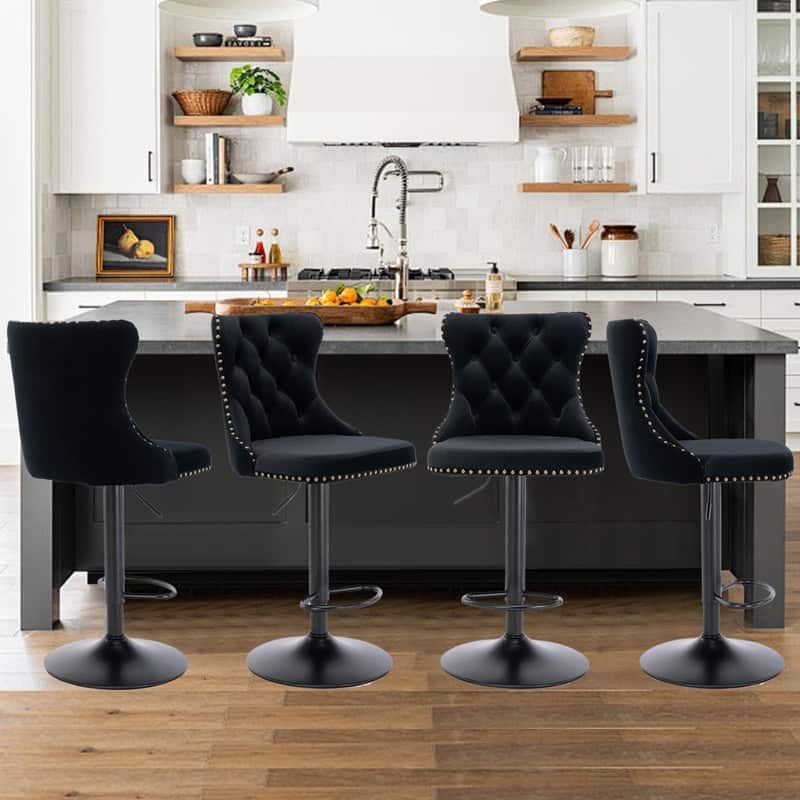 Velvet Upholstered Nailheads Tufted Swivel Bar Stools (Set of 6) - Black BlackBase Set of 4