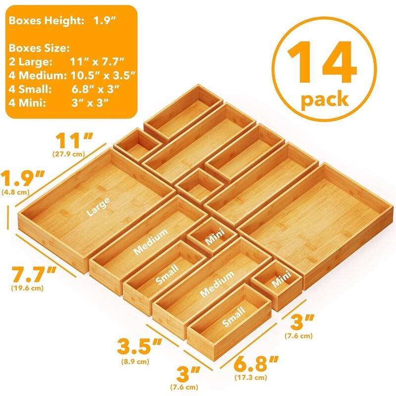 14-Piece Bamboo Drawer Organizer Storage Boxes Set, Wood Tray Junk Drawer Organizers Multi-Use Divider Bins