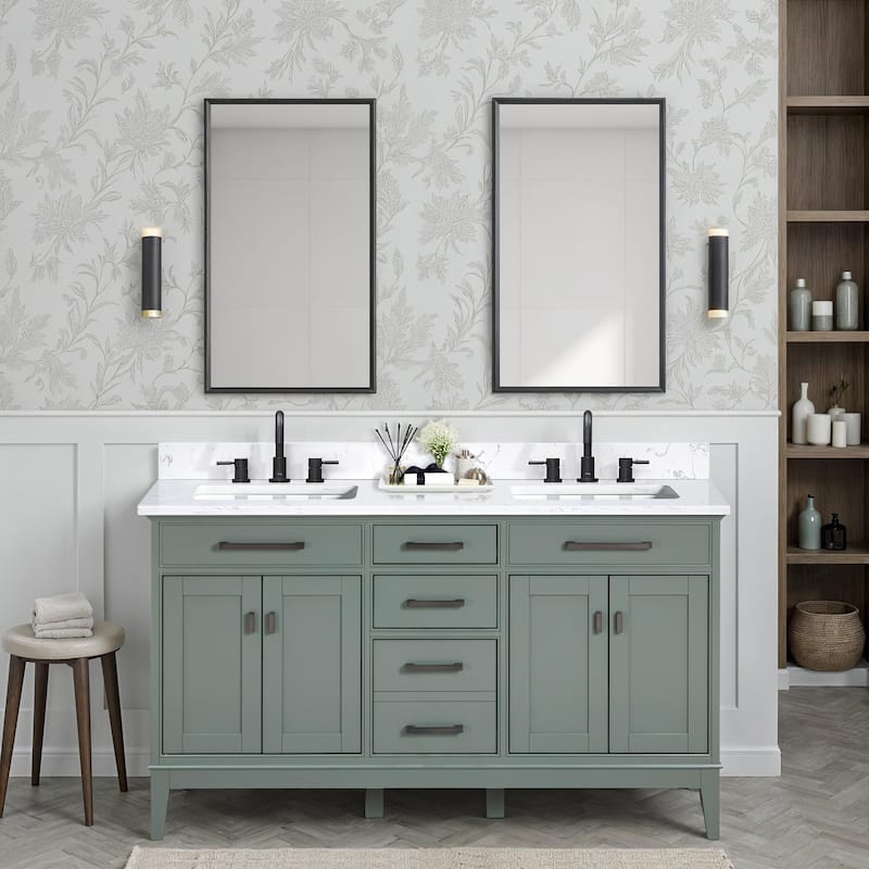 Madison 60 in. Double Sink Bathroom Vanity with Engineered Stone Top - 61" x 22"D x 35"H