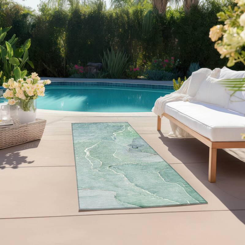 Machine Washable Indoor/ Outdoor Chantille Watercolor Rug - Teal - 2'3" x 7'6"