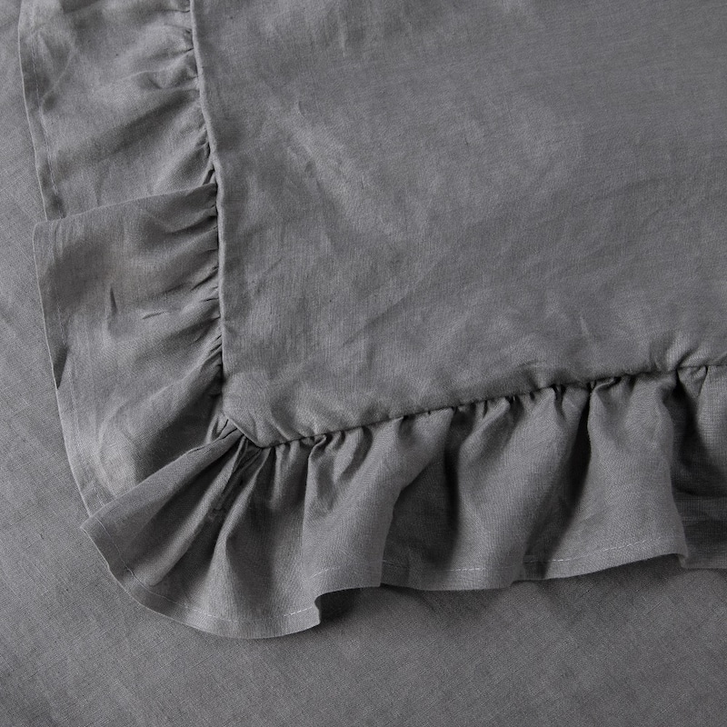 WHOLINENS Stone Washed French Linen Duvet Cover Set Ruffle Style