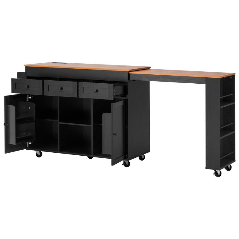 85.5"Kitchen Island with Extendable Dining Table, with 3 Side Open Shelves,Rolling Island with Power Outlet,3 Drawers,2 Doors
