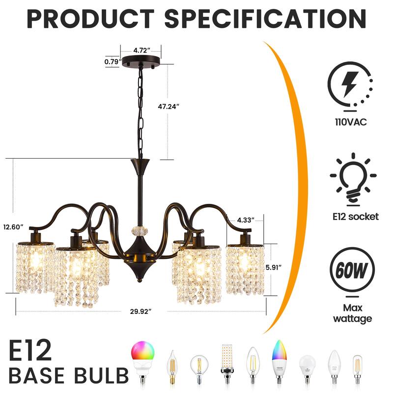 Modern Farmhouse Vintage Crystal Chandelier, 6-Light Rustic Kitchen Island Light Fixture