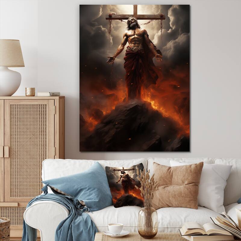 Designart "Jesus Christ Holy Cross Divine II" Christianism Wall Art Orange Traditional Wrapped Canvas For Hallway Décor