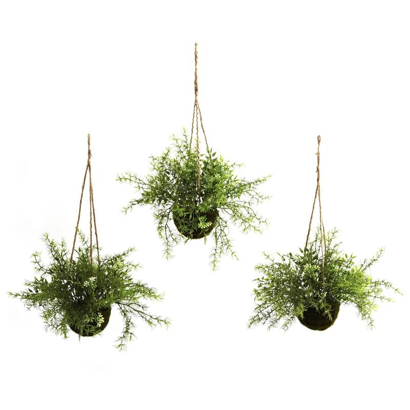 Artificial Hanging Basket Set of 3 - Mini Ruscus Sedum Sprengeri - 15" Decorative Plants